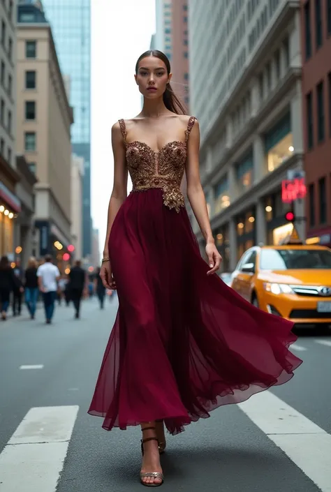 **award-winning art photograph:** A fashion model walks confidently along a bustling city avenue, her haute couture outfit capturing the essence of contemporary style. She wears an exquisite, form-fitting dress adorned with intricate embroidery and flowing...