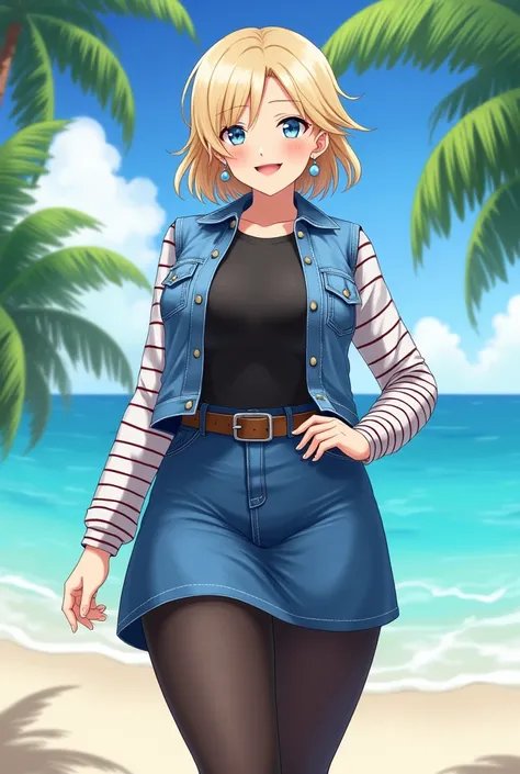 1girl, (solo:1.2), (standing:1.3), (interacting:1.3), (cowboy shot:1.5), (curvy:1.2), smile, happy, at ease, (masterpiece:1.3), (best quality:1.3), (perfect anatomy:1.4), highly detailed, (tropical beach:1.3), palm trees, azure blue water, daylight, summer...