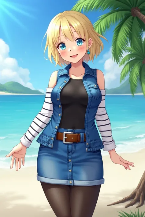 1girl, (solo:1.2), (standing:1.3), (interacting:1.3), (cowboy shot:1.5), (curvy:1.2), smile, happy, at ease, (masterpiece:1.3), (best quality:1.3), (perfect anatomy:1.4), highly detailed, (tropical beach:1.3), palm trees, azure blue water, daylight, summer...