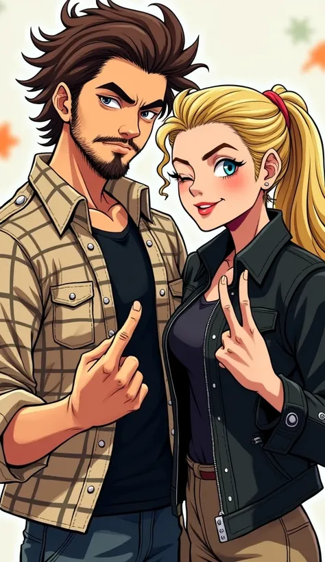 Create a stylized illustration of two young adults posing together in the iconic art style of JoJos Bizarre Adventure. The man on the left has messy brown hair and a short beard, wearing a beige plaid shirt and a black T-shirt. He is making the rock on han...