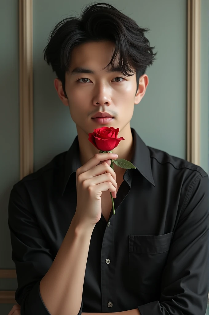 An asian man wearing black collared shirt with rolled up sleeves posing with a rose in his hand