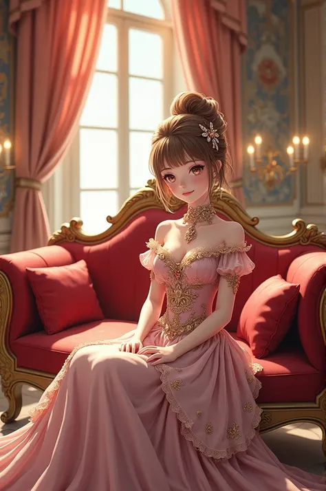 15 year old anime girl wearing fancy clothes and jewelry sitting on a sofa in a mansion 