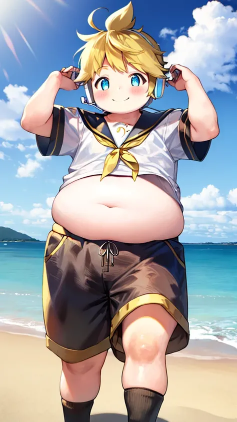 10 year old boy, Kagamine Len, (chubby), (plump), severely overweight, ((over small sailor uniform)), short sleeves, chubby body, whole belly spilling over the waistband, unbuttoned shorts, earphones, tie, shily smiling, full blushed, heavy breathing, wadd...