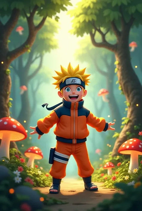 happy boy naruto character, Spotlight, in a mystical forest. disney style