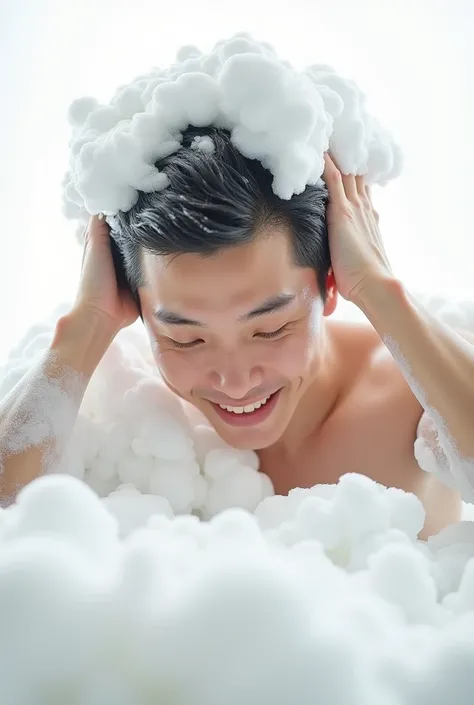 Create an Asian man，Dress conservatively，Bending over and washing hair，My hair is full of foam，There is a lot of foam on the head，The expression is happy，The characters are realistic and realistic，Pure white background，Showing the character&#39;s hair，9:16...