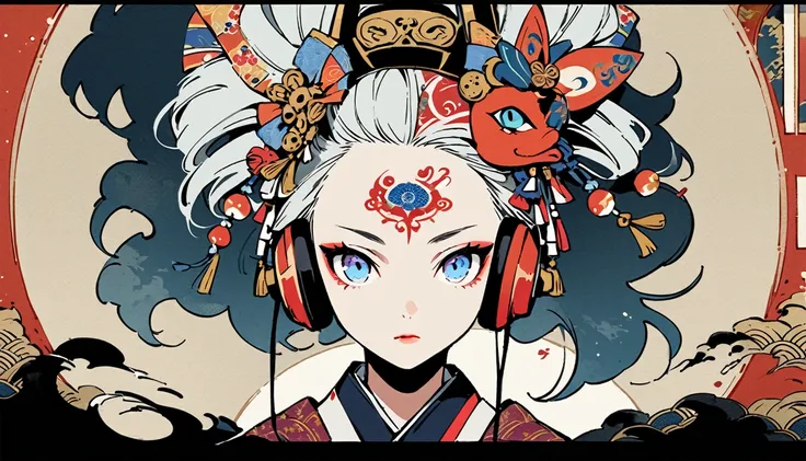 Ink painting, (((1 girl))), (((Tattoo in the middle of the forehead))),(((In the background is the Akatsuki moon))), (((Oiran))), (((Great hair accessories))), Japanese style headphones, Demon possession, (((Blue eyes with engraving inside))),Face up close...