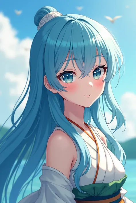 head of&#39;artwork, best quality, art officiel, Background&#39;8k screen, very detailed, illustration, 1 fille, sky blue hair, Longhaire, detailed eyes, Forrest Gump, Bare shoulders, Hanfu, lake, pur, soft smiling, bambou, tea