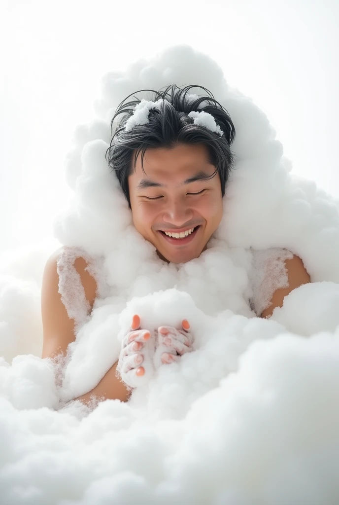 Create an Asian man，Wear a white T-shirt，Bending over and washing hair，My hair is full of foam，There is a lot of foam on the head，The expression is happy，The characters are realistic and realistic，Pure white background，Showing the character&#39;s hair，9:16...