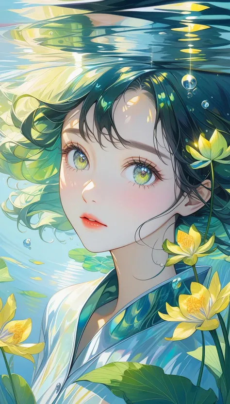 Girl swimming underwater,Ultra-detailed rendering style,Shine,yellow,green,Brush,Surreal oil painting,Shine目,Head close-up,Exaggerated perspective,Holographic Tyndall,Water Iris,Background Black,