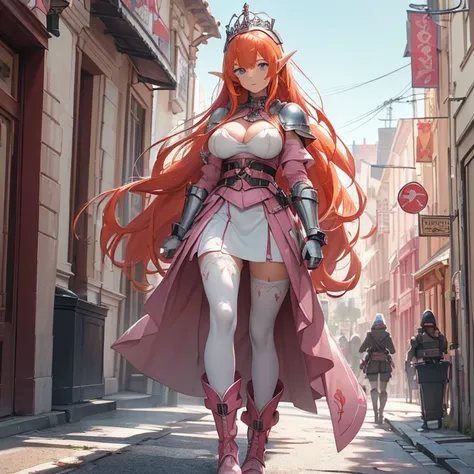 (absurdres, masterpiece, best quality, detailed, solo full body design, fantasy, high resolution, HD), 
{{18 years old orange-red haired Elf Girl knight:  (reddish orange medium hair, left hair tail tied with two white flowers, beautiful light-blue eyes, s...