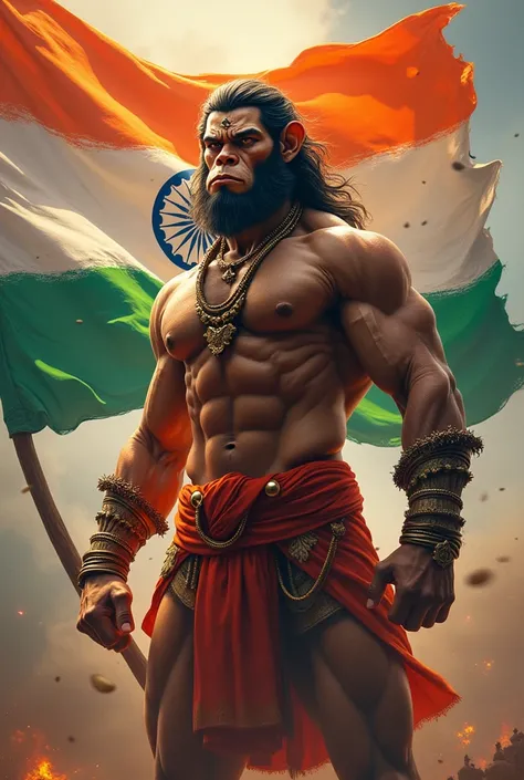 Create an image full HD of Lord Hanuman and mix monkey face not hair. In a powerful and dynamic pose. Behind Him, there should be an Indian flag waving proudly. The background should be filled with vibrant colors, symbolizing strength and devotion. Ensure ...