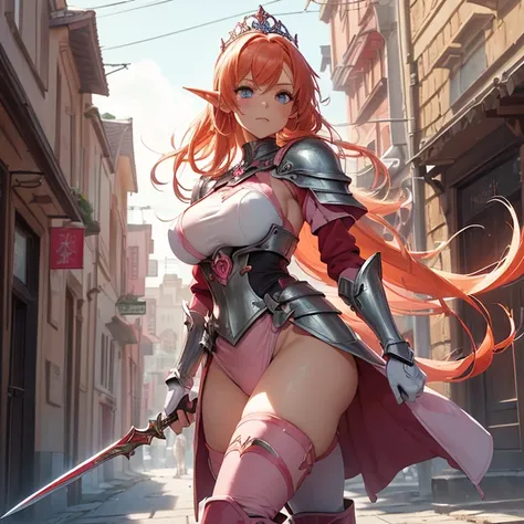 (absurdres, masterpiece, best quality, detailed, solo full body design, fantasy, high resolution, HD), 
{{18 years old orange-red haired Elf Girl knight:  (reddish orange hair tied in left hair tail with two white flowers, beautiful light-blue eyes, seriou...