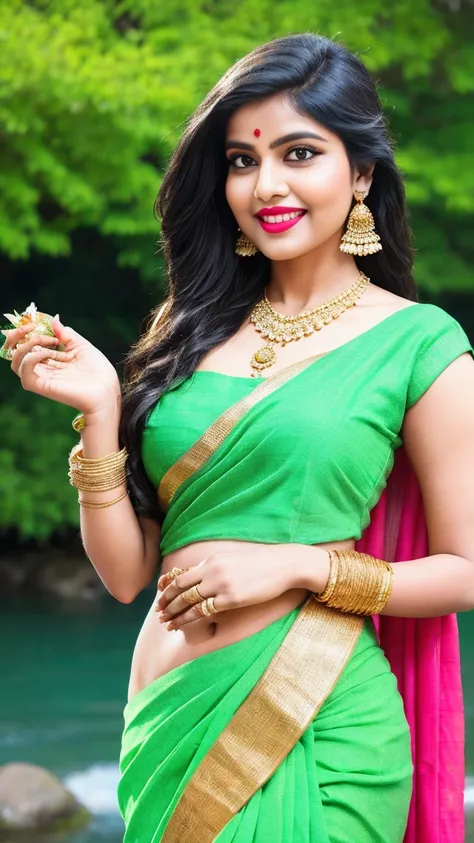 wear green designer printed Saree and blouse, a bindi on the center of the forehead, green saree and green blouse, full body covered in clothes, Indian temples in background, flower basket, very well dressed, going to temple for prayers, golden heavy jewel...