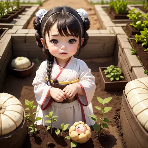 A  chibi baby girl with two buns on her head and a white hanfu dress, as cute and chubby as a  on a Chinese calendar planting vegetables in the vegetable garden, in the vegetable garden, In the daytime, sunlight shines on her face, close up.