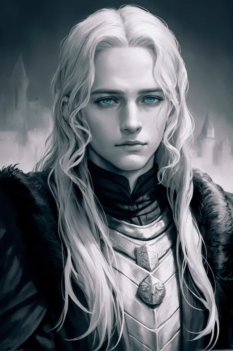 a detailed portrait of King Aegon Targaryen, highly detailed face and eyes, regal attire, majestic pose, medieval castle background, dramatic lighting, epic fantasy art, cinematic atmosphere, muted color palette, dramatic chiaroscuro, masterpiece, hyperrea...