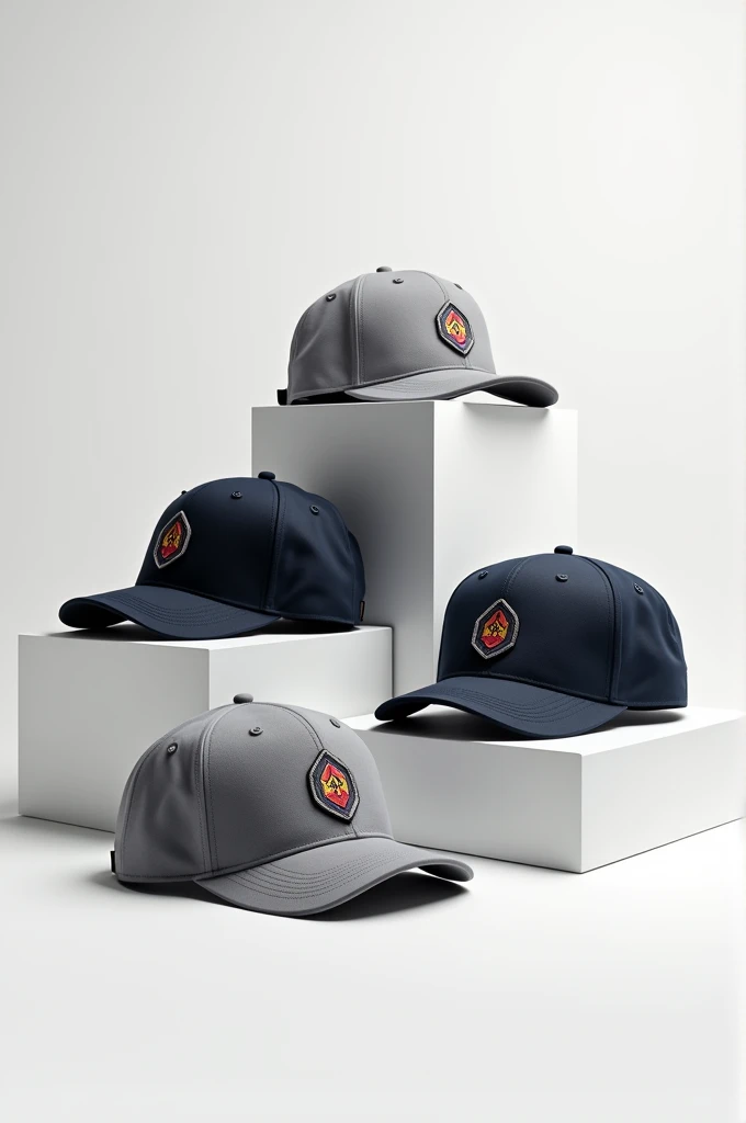 A stylish and modern design of mens caps, showcased on a clean white background. The cap features a deep, curved brim andastructured, low profile. The front of the cap displays a bold, eye-catching embroidered logo, which is a combination of geometric shap...