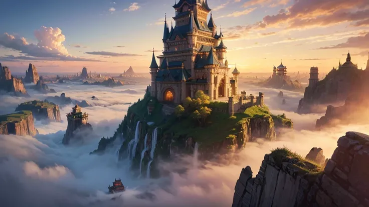 ((master piece)), best quality, (8k, best quality, masterpiece:1.2), ultra-detailed, illustration, big fantasy city, eastern,  Flying city, many flying islands around, clouds around, eastern architecture, air swirl scarring around, Giant eastern castle in ...