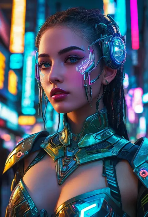 cyberpunk elf,Very detailed, 1 girl, beautiful detailed eyes, beautiful detailed lips, Extremely detailed face and features, intricate cyberpunk armor, bright neon lights, advanced technology, Futuristic cityscape, dramatic lighting, cinematographic compos...