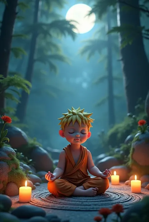 Meditating baby naruto character, with mandalas, in a mystical forest at night with the moon and candles. 3D image