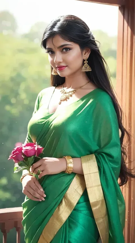 wear green designer printed Saree and blouse, a bindi on the center of the forehead, green saree and green blouse, full body covered in clothes, Indian temples in background, flower basket, very well dressed, going to temple for prayers, golden heavy jewel...