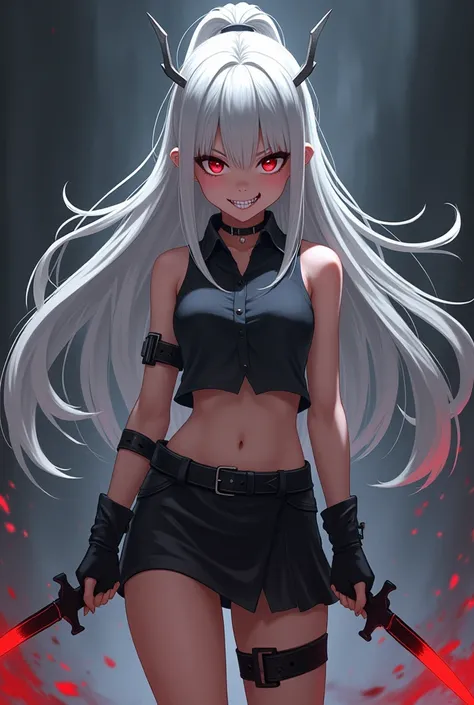 Anime girl wearing a sleeveless shirt the middle of her chest is visible and she is wearing gloves and she is wearing a short skirt, he works as an assassin and he is holding 2 knives, her face is angry with a smile and she is 16 years old. She is white sk...