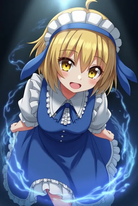 1girl, {{{{in the river (Touhou)}}}}, yellow eyes, blonde hair, short hair, blue dress, maid headdress, maid,((The most evil)),((dream world)),(((Surrounded by a dark aura))),((Fearless smile))