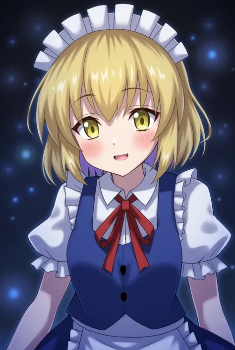 1girl, {{{{in the river (Touhou)}}}}, yellow eyes, blonde hair, short hair, blue dress, maid headdress, maid,((The most evil)),((dream world)),(((Surrounded by a dark aura))),((Fearless smile))