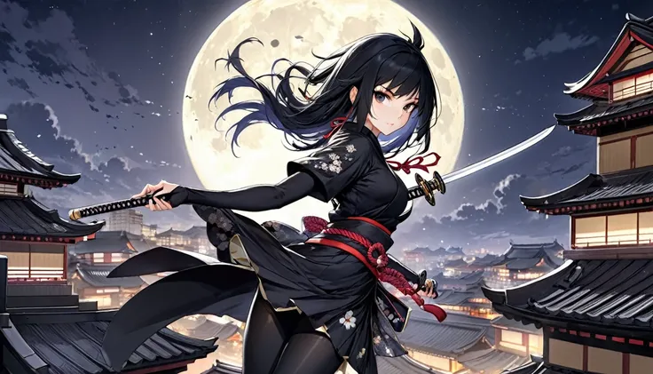 Featured Painting-Style Artworks, Highest quality, Super Fine, 16K, Incredibly absurd, Very detailed, delicate, Flashy and dynamic depiction, Beautiful female ninja, With a short sword, Moonlit Night, Black Costume, Black Hair,  (Background Rooftop Edo:1.3...