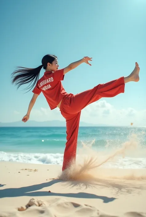 Facing me low camera shot.a beautiful young Korean female lifeguard with black pigtail, doing a spinning kick on the beach,beach sand and the effect of the flying kick. Woman performs spinning kicks on beautiful white sand beach.very realistic.ultraHD