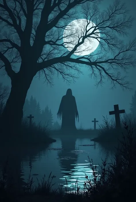 Generate a realistic picture. In a horrible midnight, A horrible shadow stand front of a horrible tree, pond and a graveyard