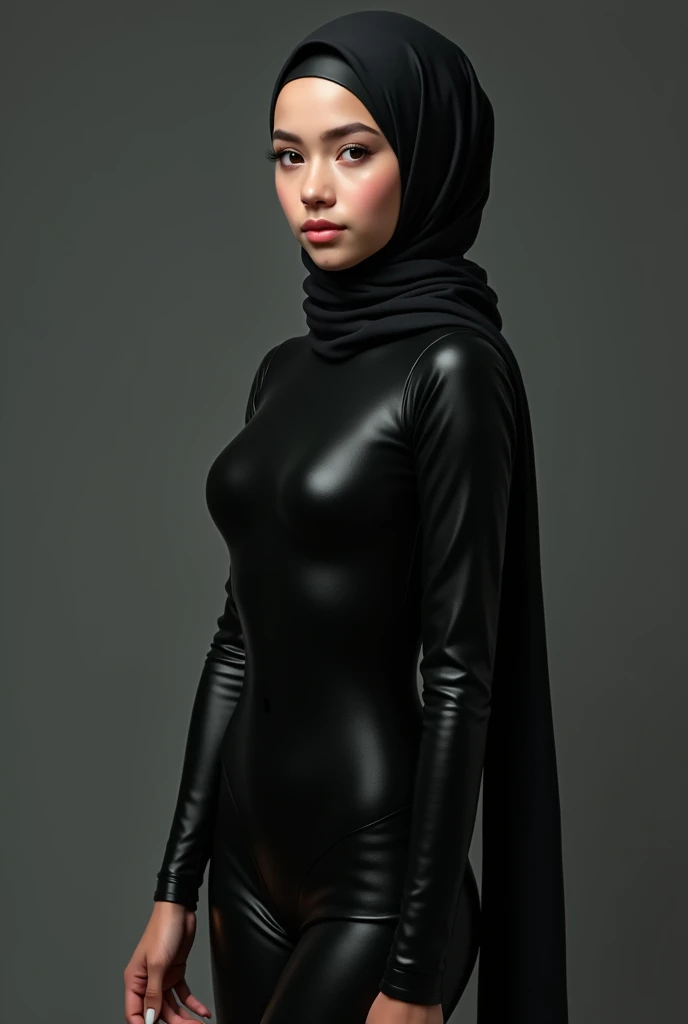 A girl wearing hijab . Innocent face. Long leg. Wearing full body black latex suit. High quality. High resolution