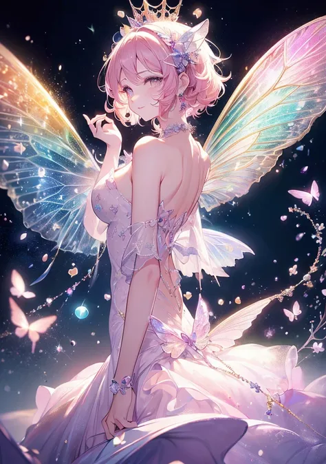 (Exquisite, beautiful, Very detailed, masterpiece, high quality,High resolution),(Whole body,From a short distance,From head to toe),(Design Art,Soft thin lines:1.2, beautiful and delicate face,Transparent illustration),(Fairy Princess,Has fairy wings like...