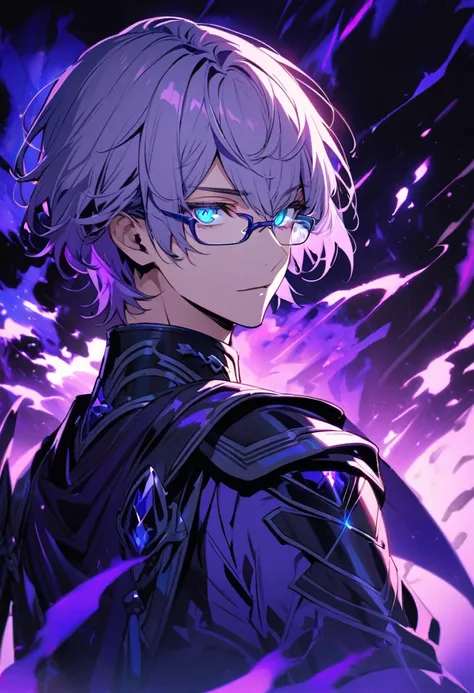 male, solo, handsome, light purple hair, beautiful color,  short hair, blue eyes, glasses, gorgeous background, dark blue aura, glowing eyes, beautiful eyes,  floating blue gemstone, floating purple  warrior, short hair