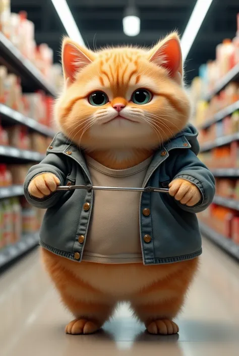 a chubby three-headed cat standing upright, wearing human clothes, shopping in a supermarket, highly detailed, photorealistic, 8k, hyperrealistic, adorable, cute, funny, whimsical, detailed fur textures, expressive facial features, dynamic pose, shopping c...