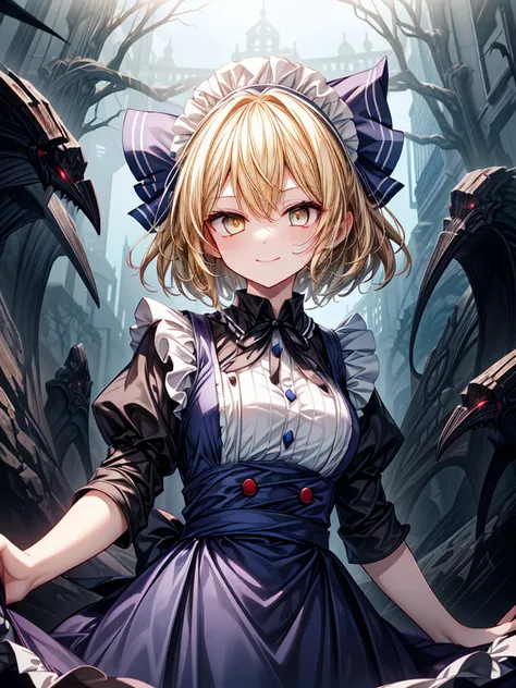 1girl, {{{{in the river (Touhou)}}}}, yellow eyes, blonde hair, short hair, blue dress, maid headdress, maid,((The most evil)),((A dreamy and fantastical world)),(((Surrounded by a dark aura))),((Fearless smile)),((Polite)),((Beautiful Eyes))