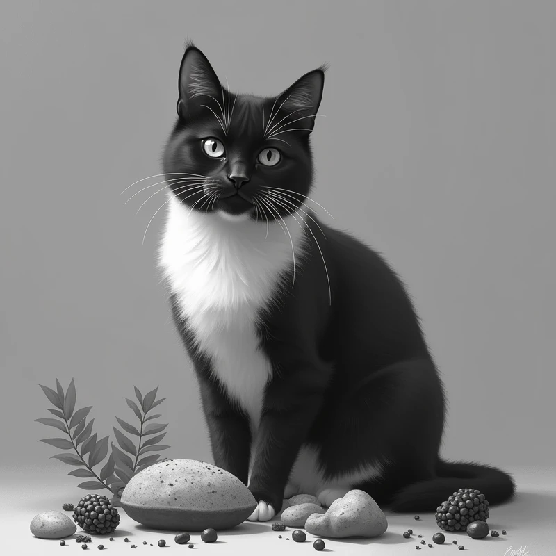 Black and white cat with grey background with food around the cat