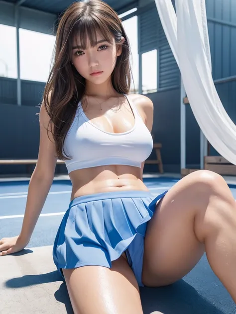 Product quality,1 girl,Cowboy Shot,Front view,Thigh Emphasis,(Knee-deep shots:1.3),Young and sexy Japanese girl,18-year-old,Tennis court,Wearing stylish blue tennis wear,(White ultra short micro pleated mini skirt),wear,No underwear,((Small Head,face:0.4))...