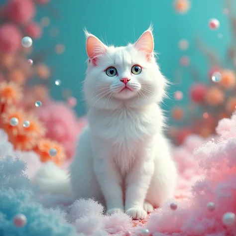 White  cat with colorful background with foam around the cat