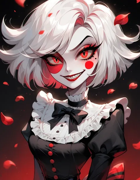 score_9, score_8_up, score_7_up, source_furry, rating_safe, Cloverdemon, clover face, face de la plante, Yeux de chat, red petals, black petals, Clown, pale skinned, sourire, contenu, suffisant, hazbin hotel style,