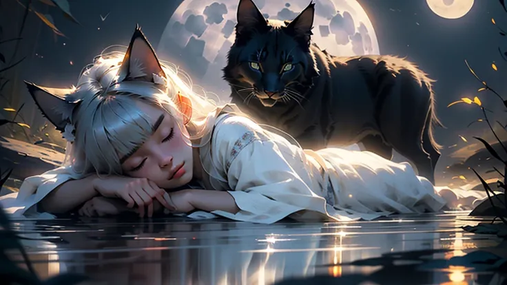 Cat-eared girl sleeping under the dim moonlight