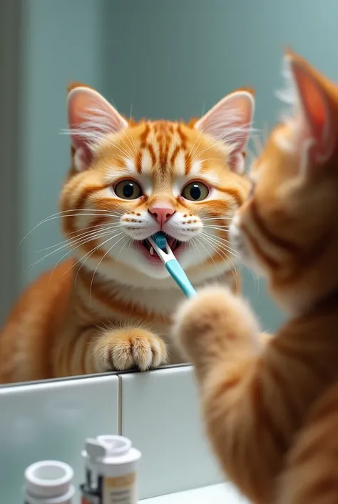 a cat brushing its teeth in front of a mirror, highly detailed, photorealistic, 8k, studio lighting, sharp focus, vivid colors, cute and adorable cat, realistic fur texture, whiskers, detailed paws, mirror reflection, bathroom setting, toothpaste, toothbru...