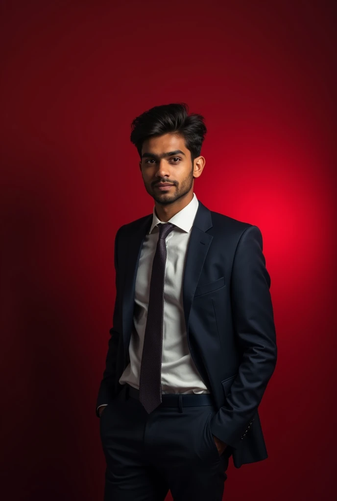 A 22 years old indian boy with fairy skin and narrow body posing for a Linkedin picture in formals with low red light background 