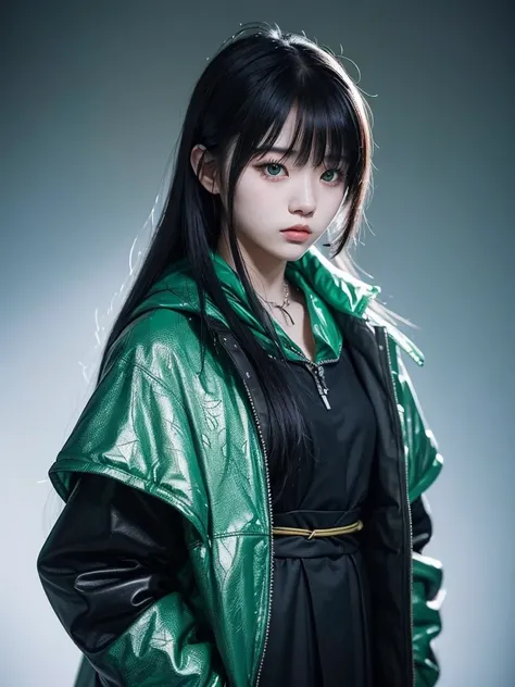 A 21 year old Korean girl with a look as cold as ice, green etching on her hair and bangs that cover her right eye, emerald eyes and wears a mask to cover her face, wears a black jacket and has two katanas hanging from her back. 