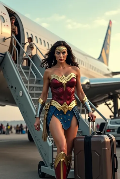 Gal Gadot, Wonder Woman walking down the stairs of a commercial airplane,with your hand luggage