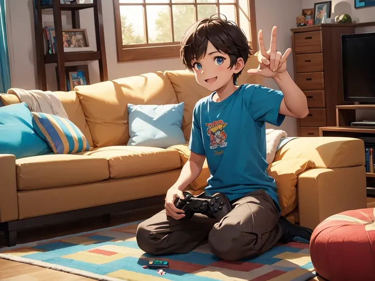 A young boy, around 10 years old, with short brown hair and wearing a bright blue T-shirt, enthusiastically showcasing his PlayStation 5 console. He is sitting on a colorful rug in a cozy living room decorated with posters of video games. The boy has a big...