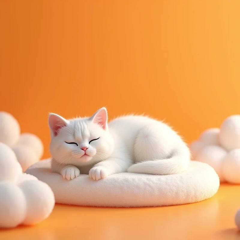 White  cat lay down with open eyes on foam with orange background with foam around the cat