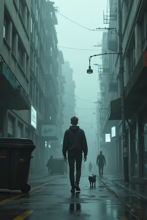 A Young man walking down a street, in a dark city surrounded by fog and rain, in the morning light, with brutalist degraded buildings, a cat running to a garbage dumpster, some people walking, holographic screens on the walls. 