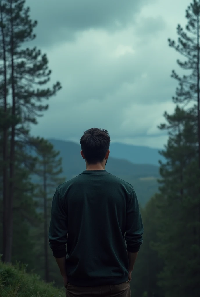 Man back ，Depression，In the forest，Cloudy sky，Textured clouds