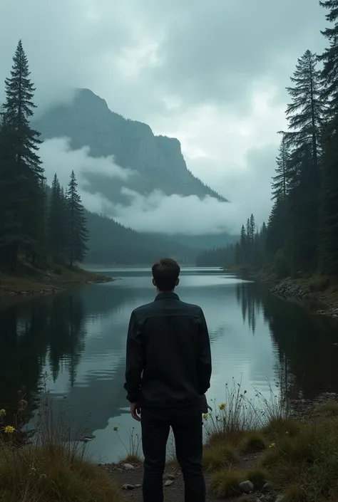 Man back ，Depression，In the forest，There is a lake in a distant place，heavily clouded，Textured clouds