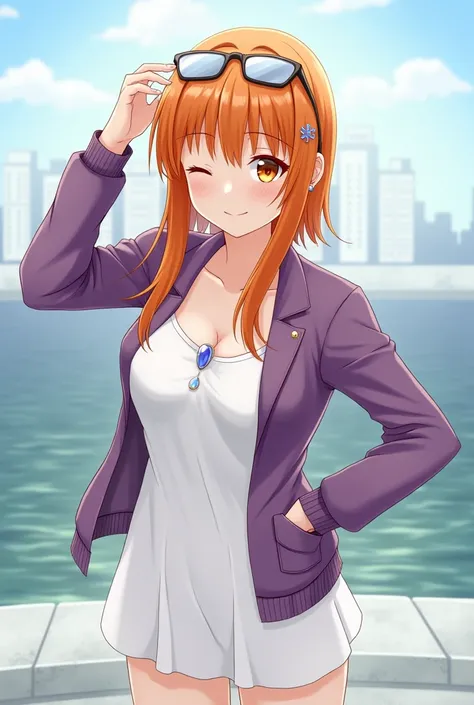 1 naked girl, Single, go to the river, Orange hair, Hair digging, glasses on head, Orange Eyes, jewelry, Arch, White dress, Purple jacket, pendant, Earrings, he have, Standing, Hand on hip, Looking at the viewer, One eye closed, simper, in the fresh air, c...